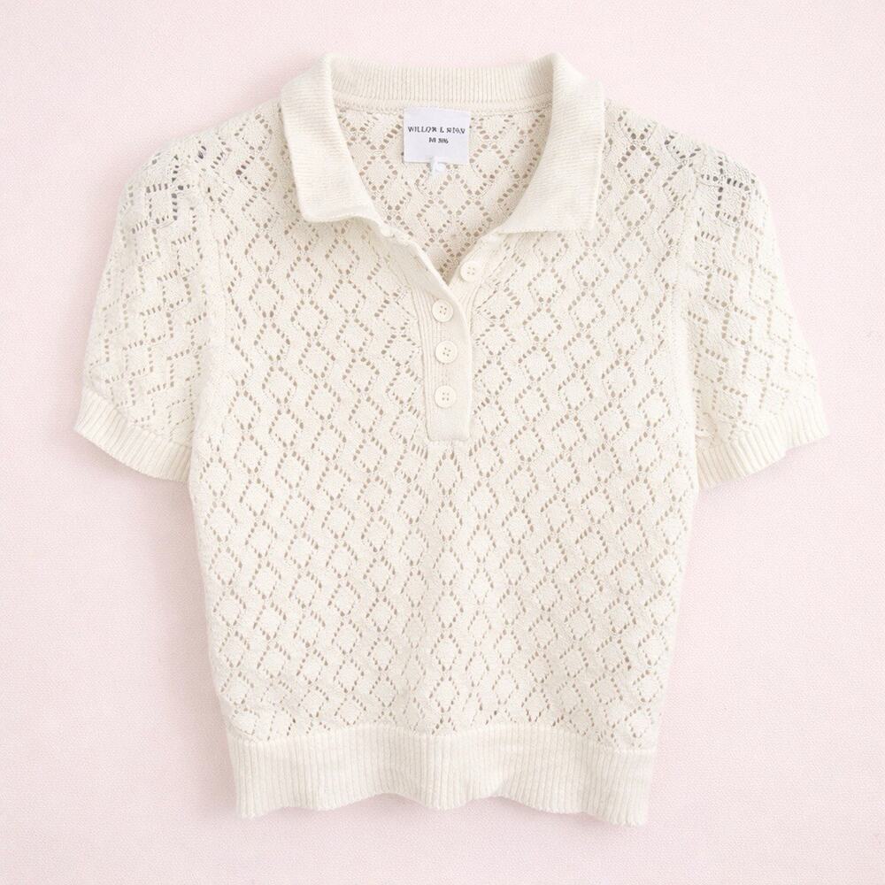 Willow & Wind Cottagecore Pointelle Knit Sweater Cream Polo Top Size M Preppy